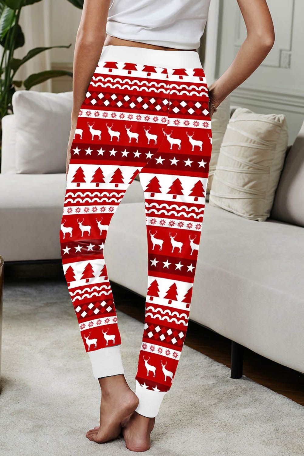 Christmas Pattern Print Elastic Waist Straight Leg Pants