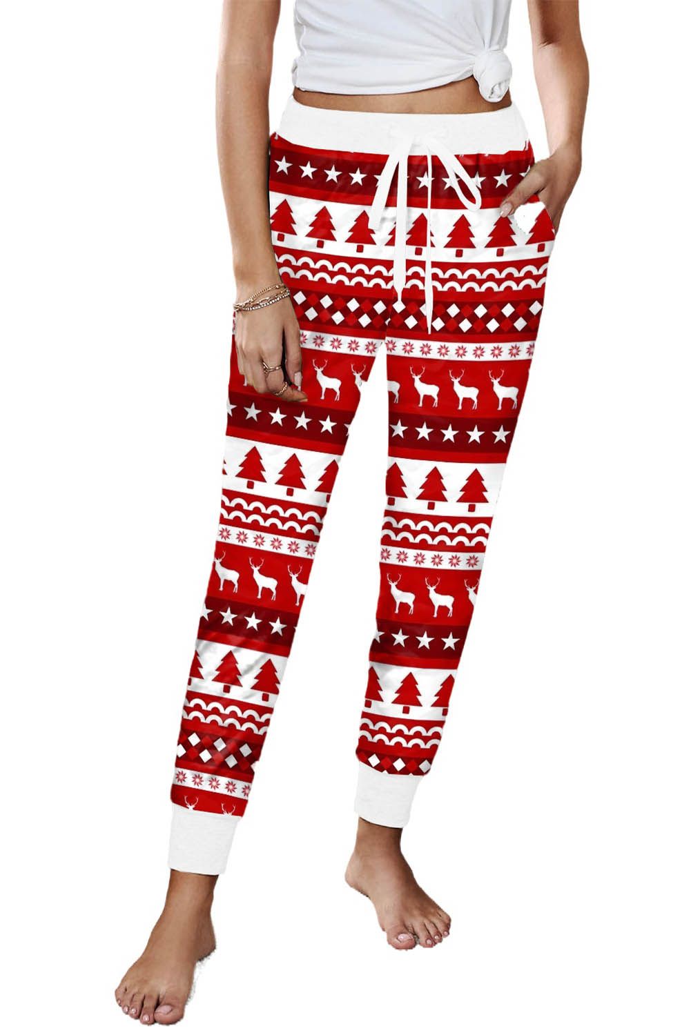 Christmas Pattern Print Elastic Waist Straight Leg Pants