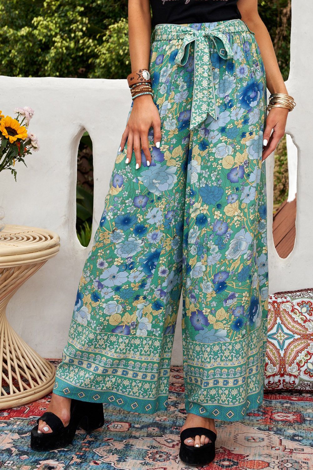 Green Floral Print Wide Leg Boho Pants