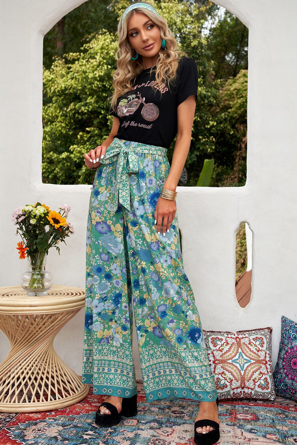 Green Floral Print Wide Leg Boho Pants