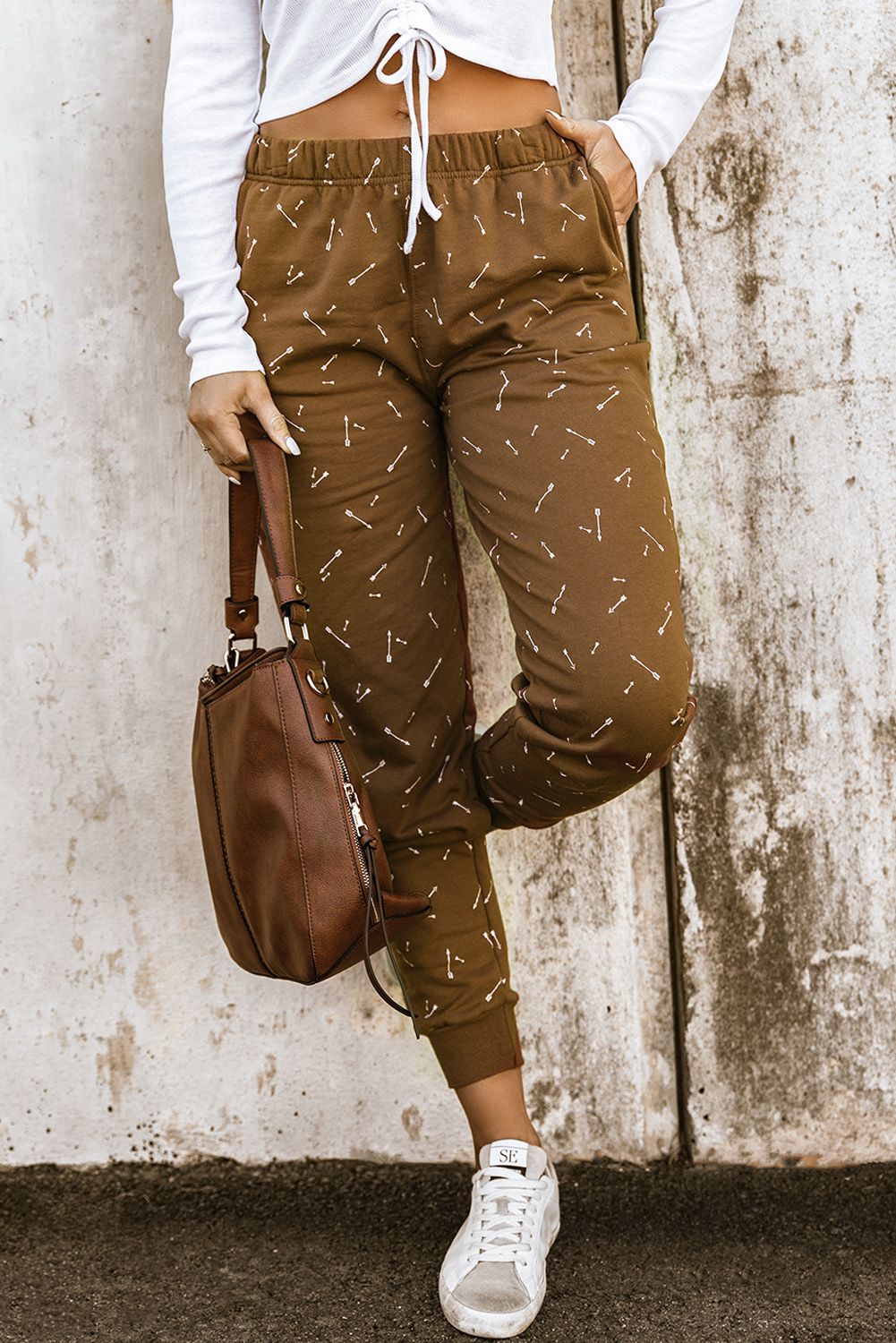 Brown Arrow Print Slim-fit High Waist Pants