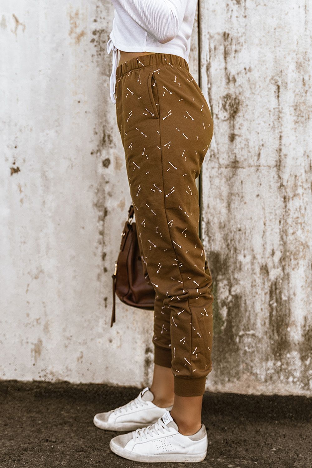 Brown Arrow Print Slim-fit High Waist Pants