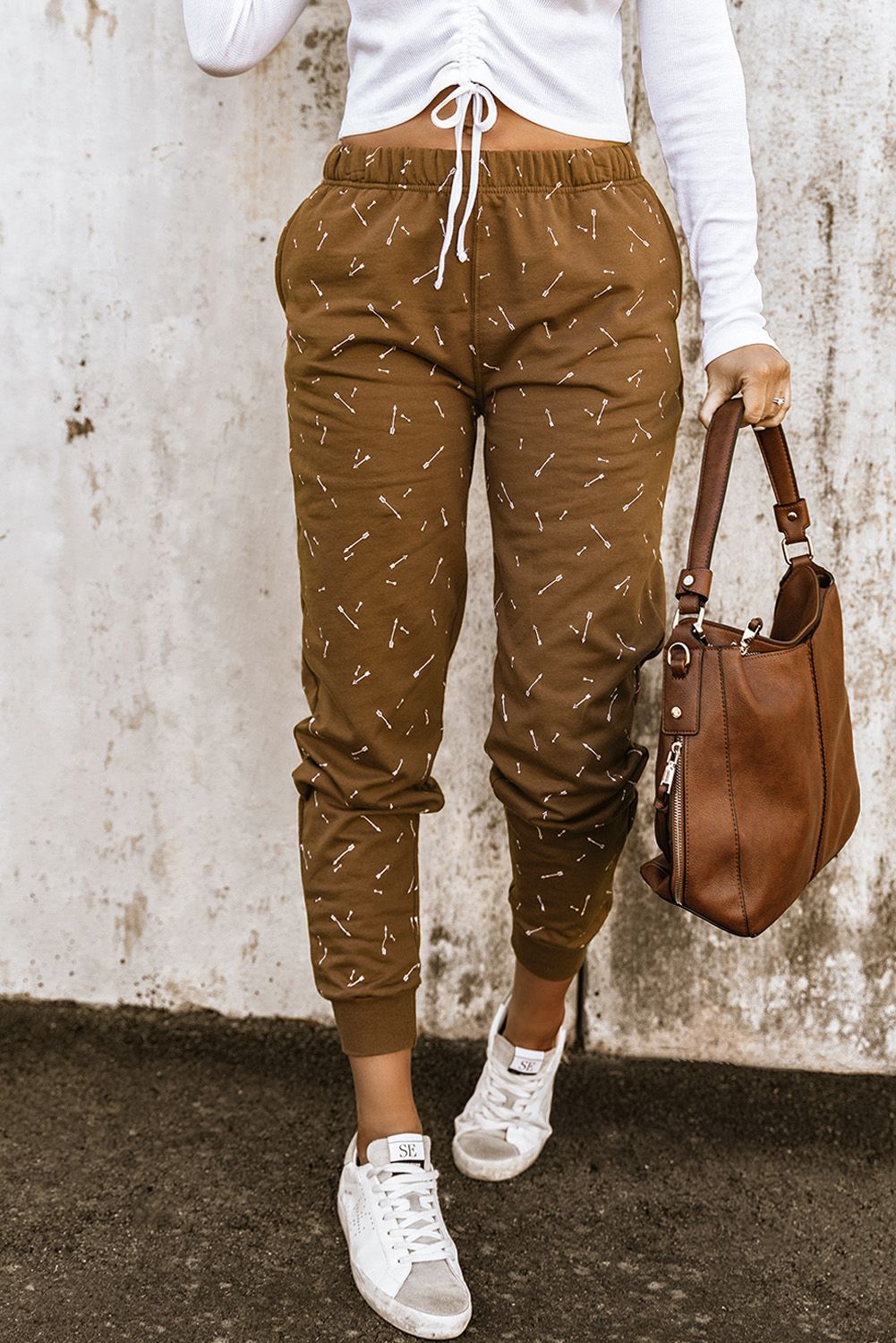 Brown Arrow Print Slim-fit High Waist Pants