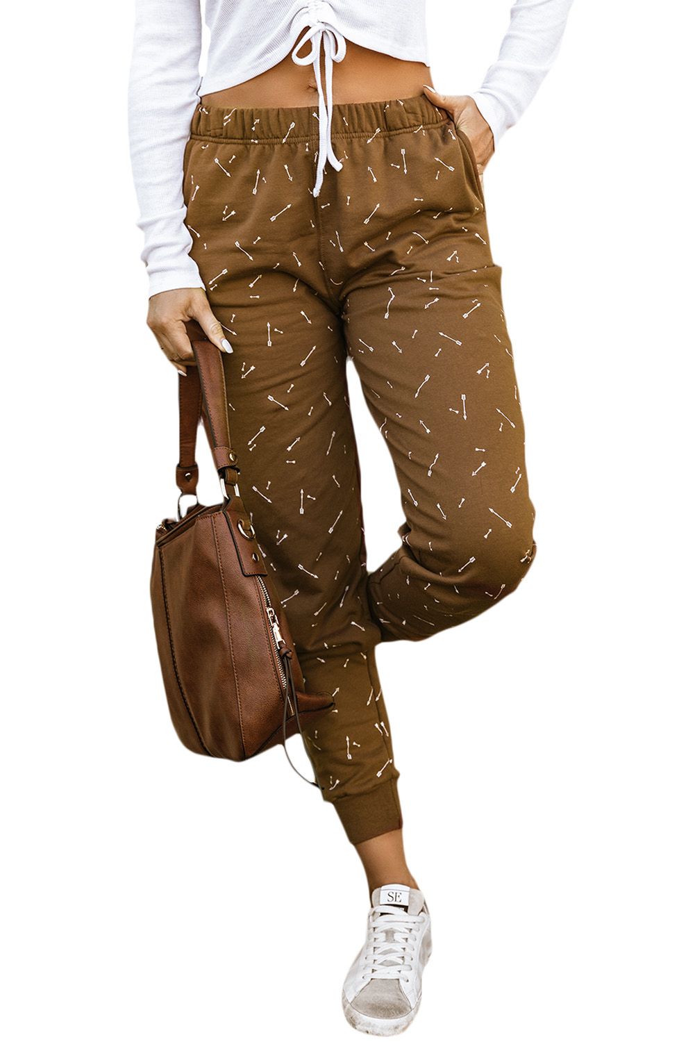 Brown Arrow Print Slim-fit High Waist Pants