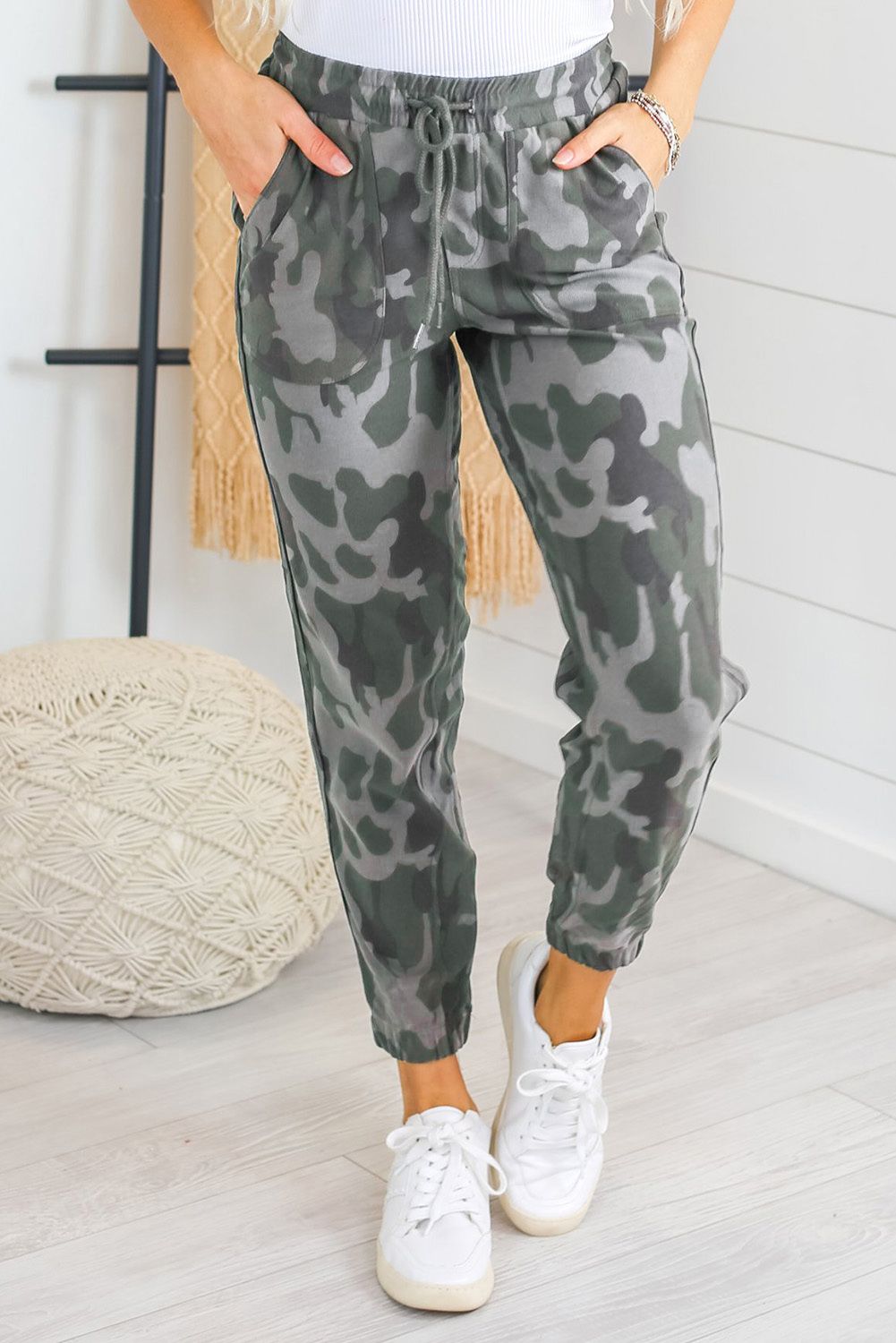 Camo Print Pocketed Drawstring High Waist Joggers