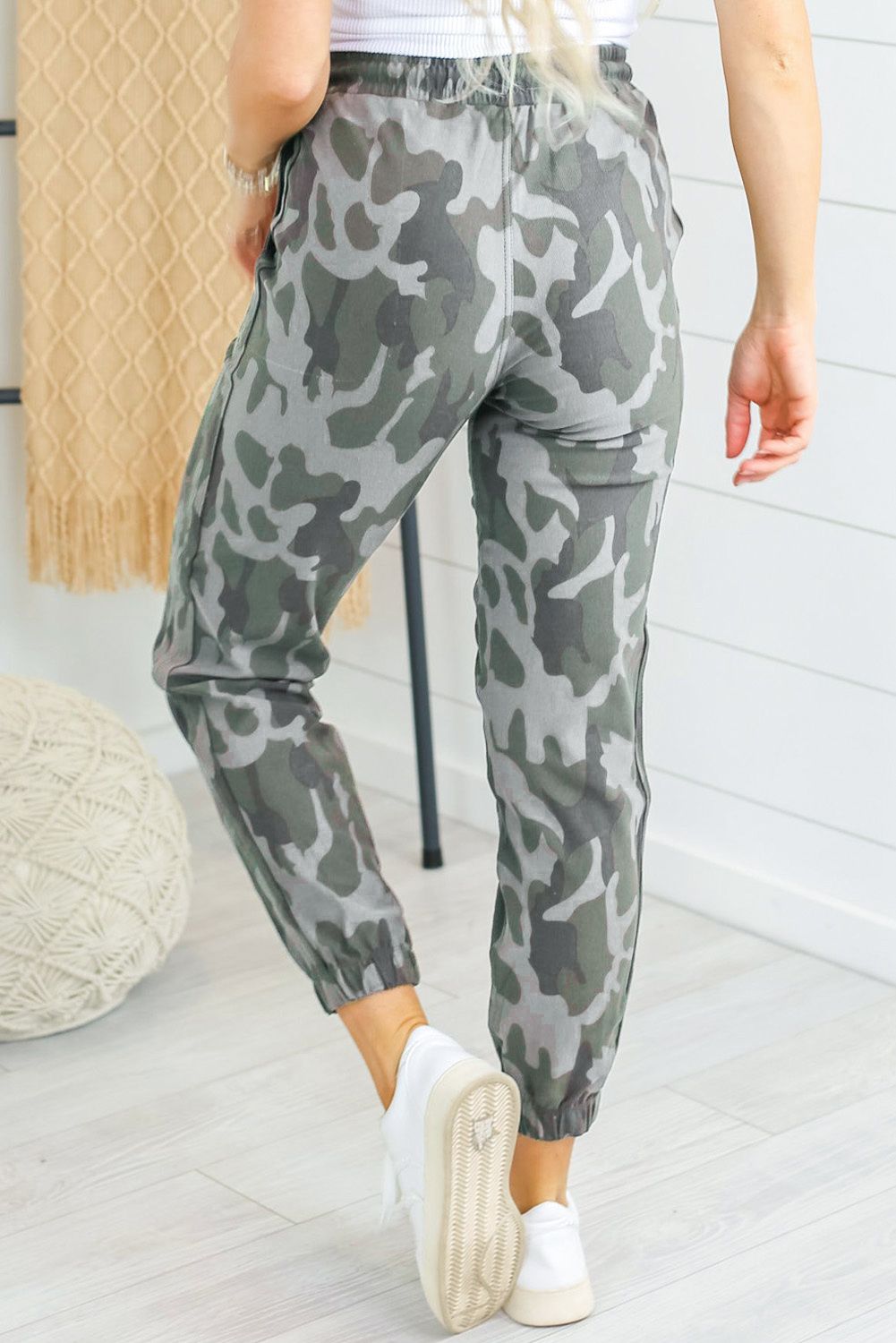 Camo Print Pocketed Drawstring High Waist Joggers