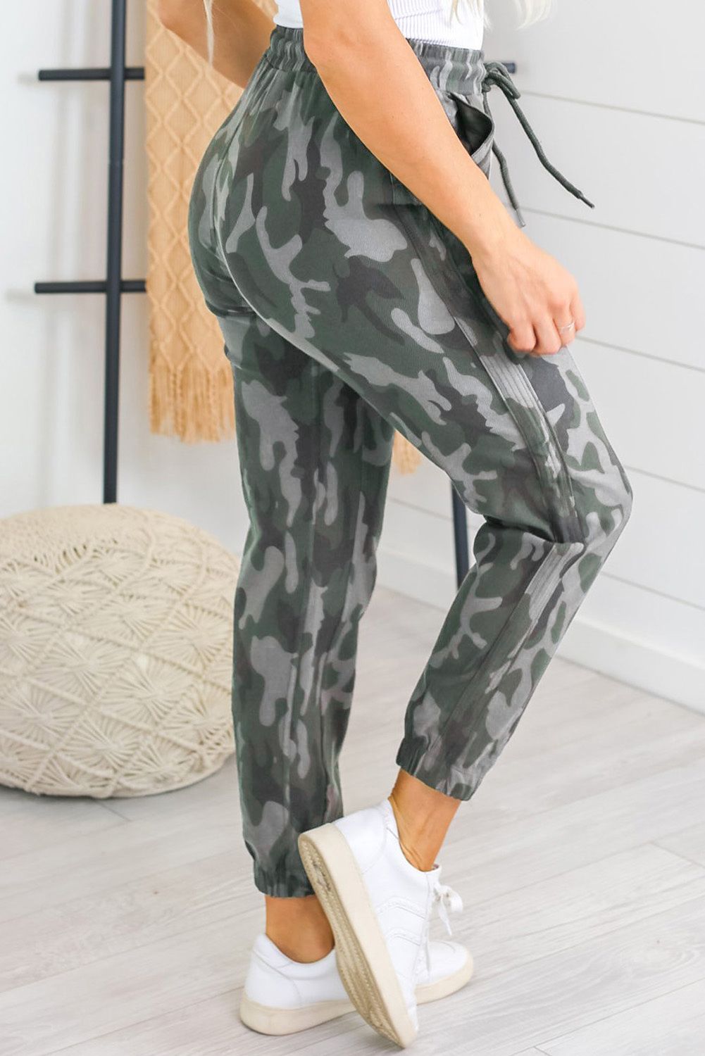 Camo Print Pocketed Drawstring High Waist Joggers