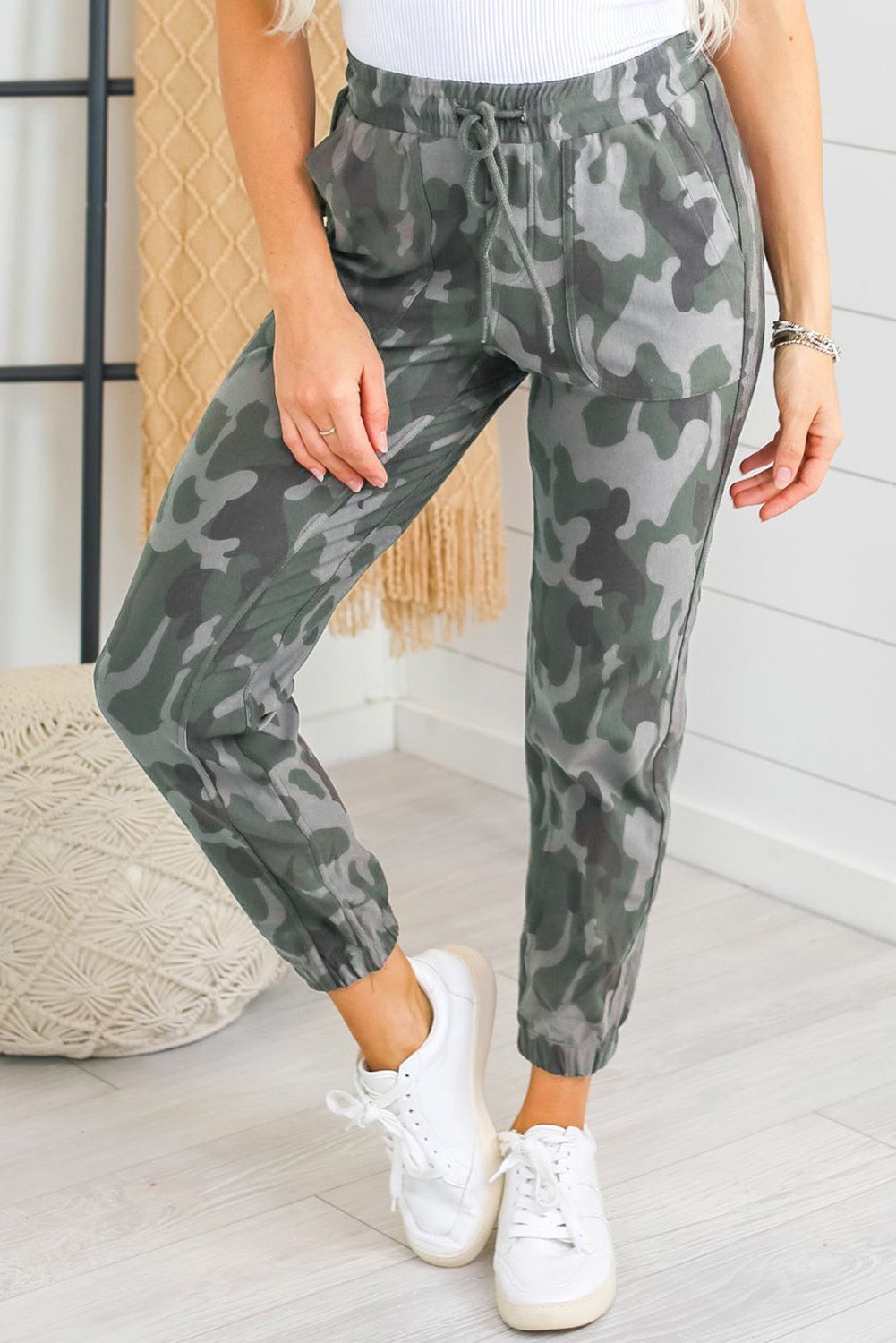 Camo Print Pocketed Drawstring High Waist Joggers