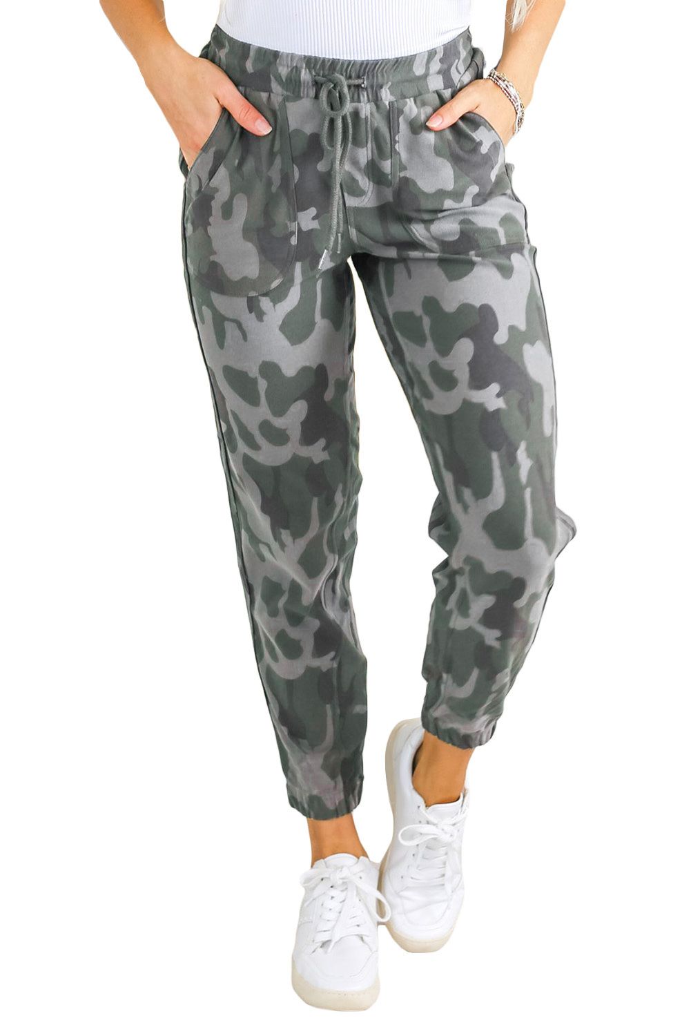 Camo Print Pocketed Drawstring High Waist Joggers