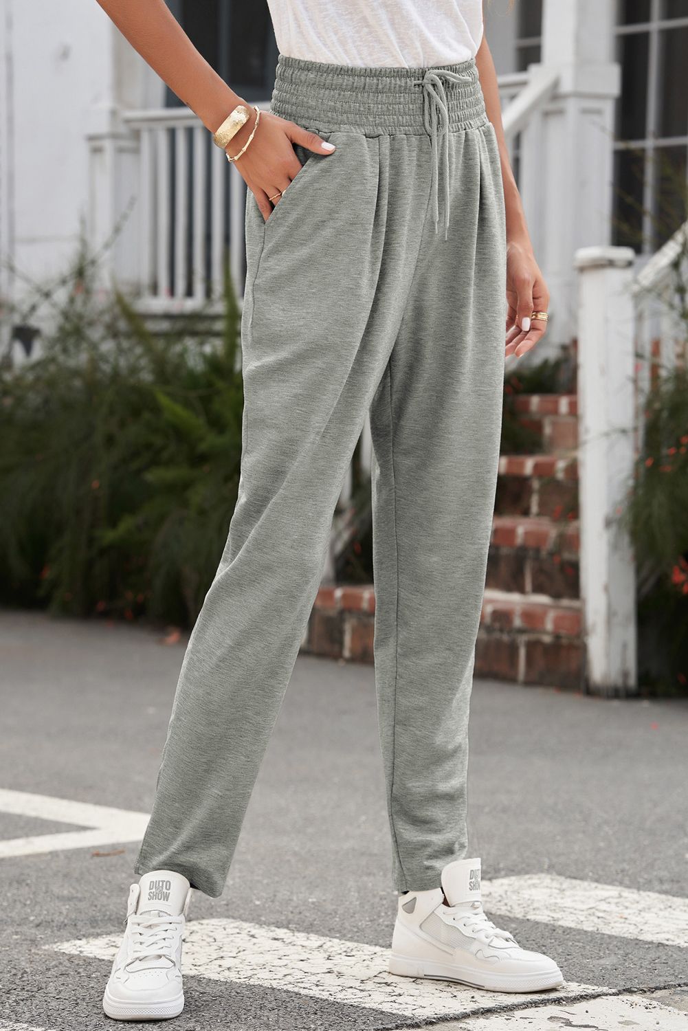 Gray Smocked Waist Pocketed Harem Pants
