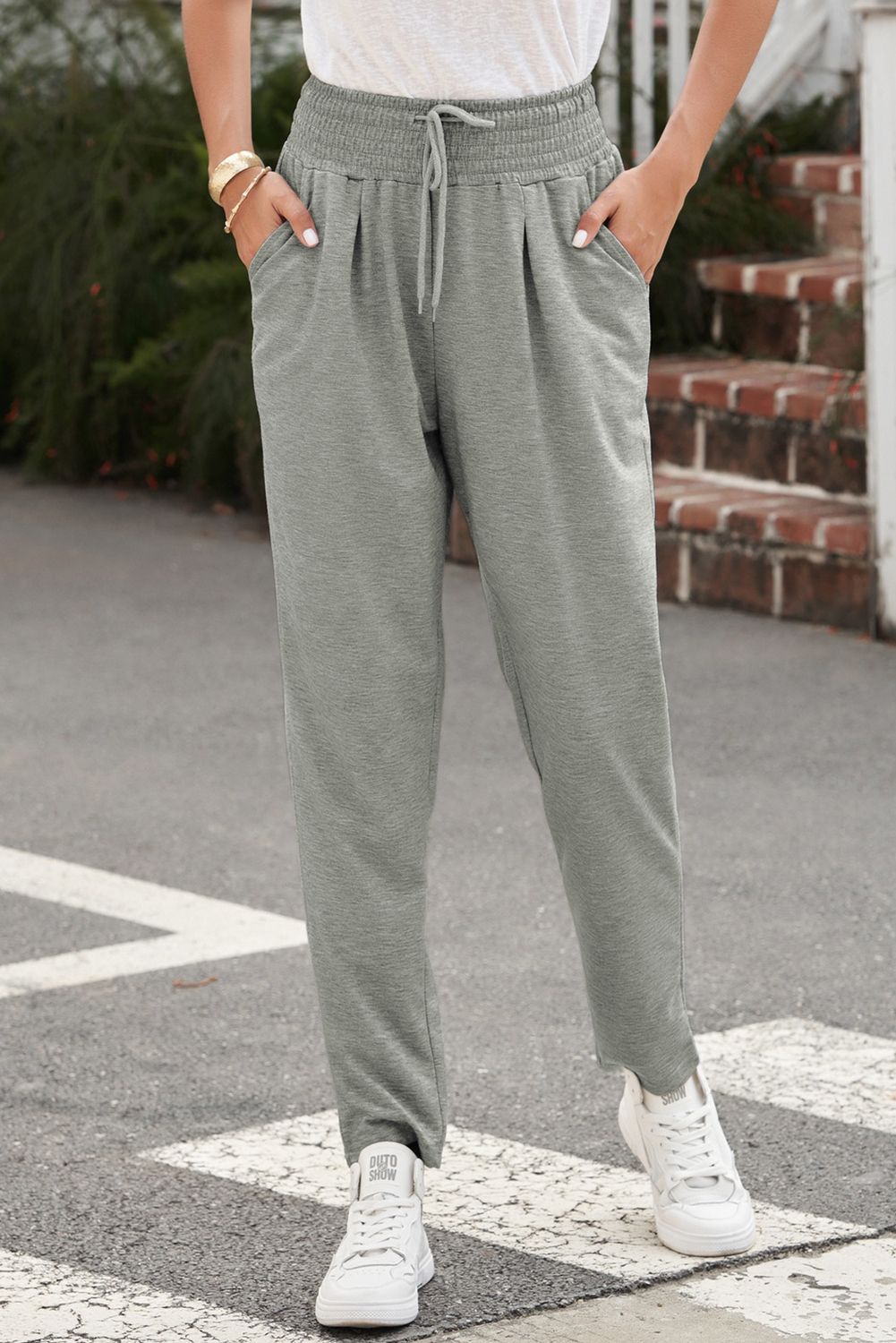 Gray Smocked Waist Pocketed Harem Pants
