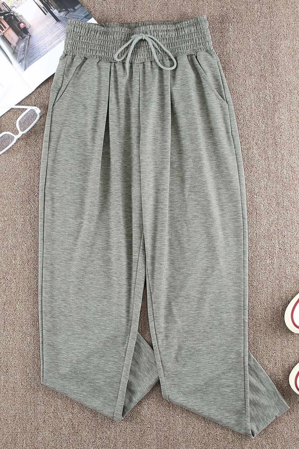 Gray Smocked Waist Pocketed Harem Pants