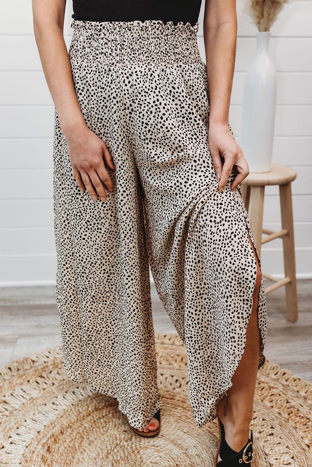 Leopard Print Smocked Waist Flare Pants