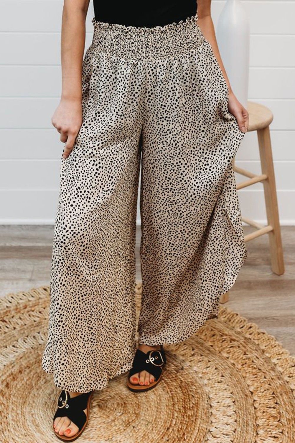 Leopard Print Smocked Waist Flare Pants