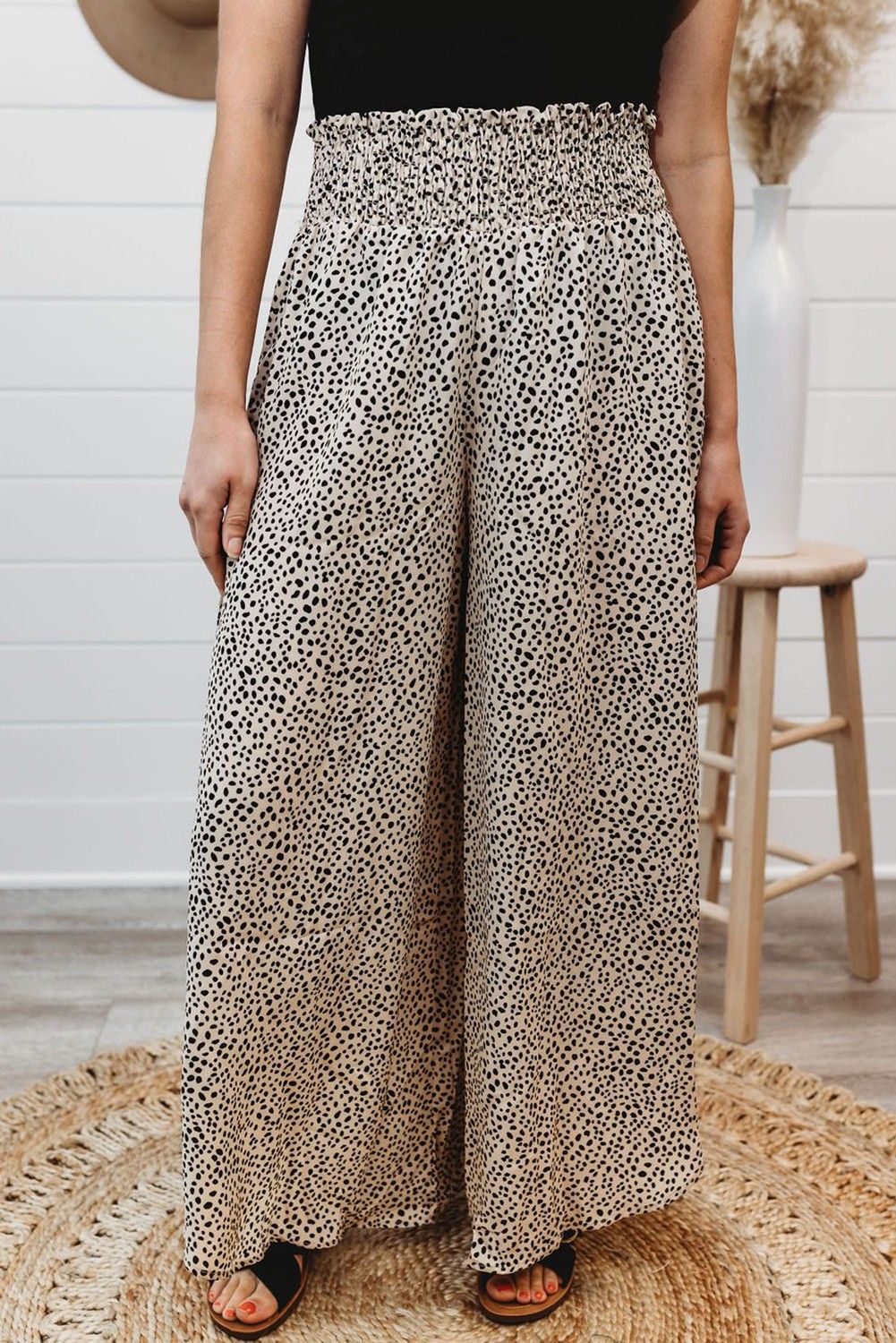 Leopard Print Smocked Waist Flare Pants