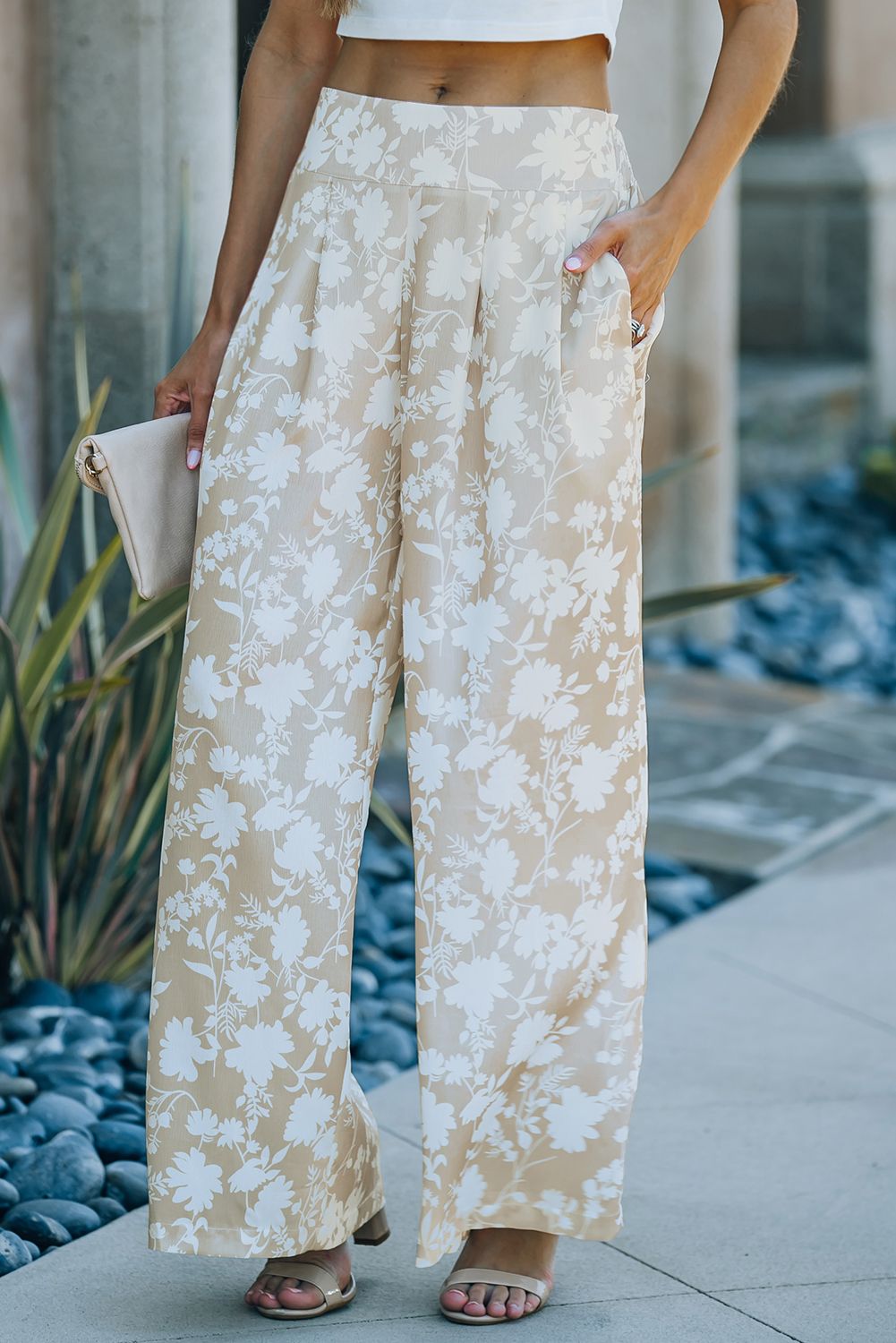 Apricot High Waisted Floral Wide Leg Pants
