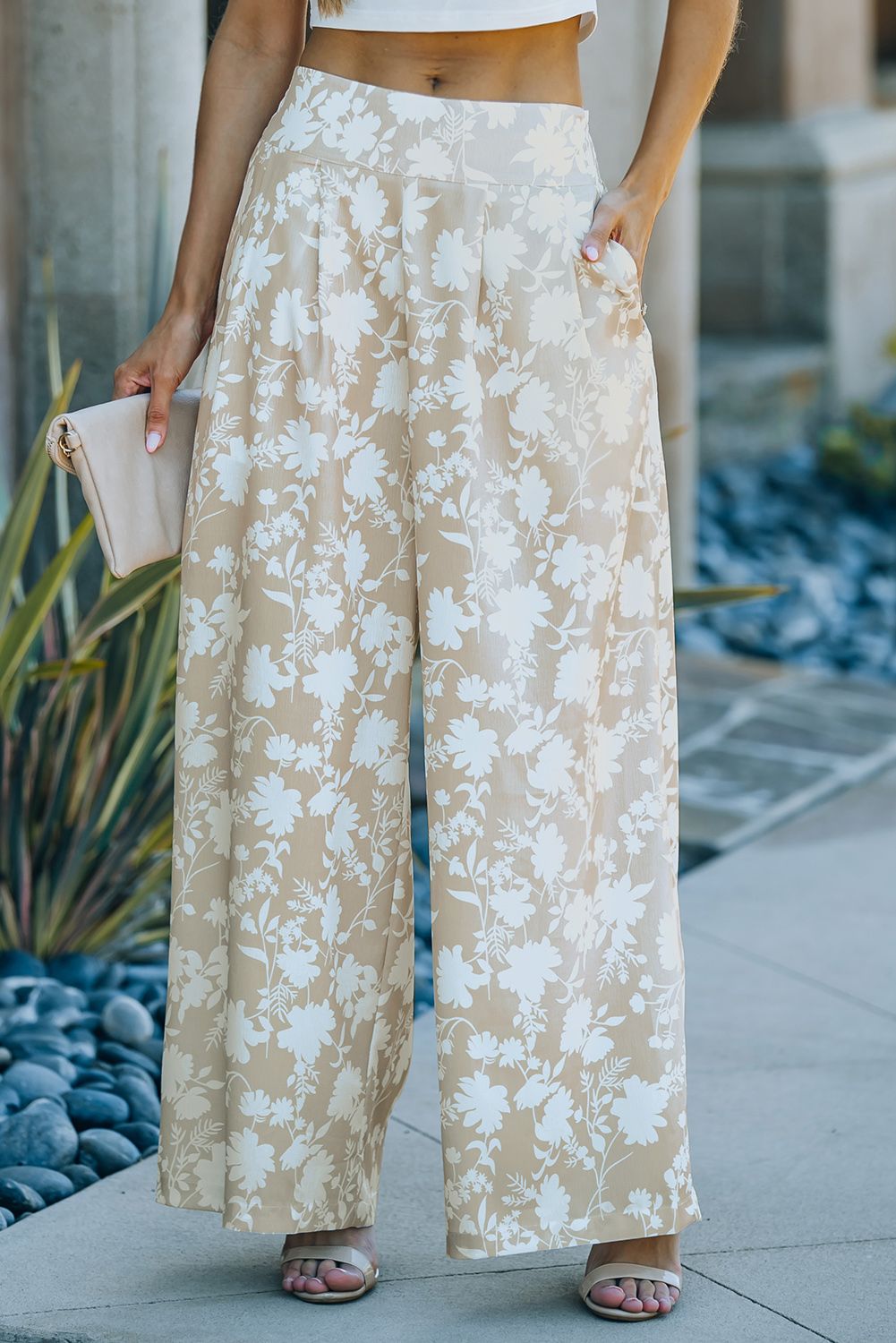 Apricot High Waisted Floral Wide Leg Pants