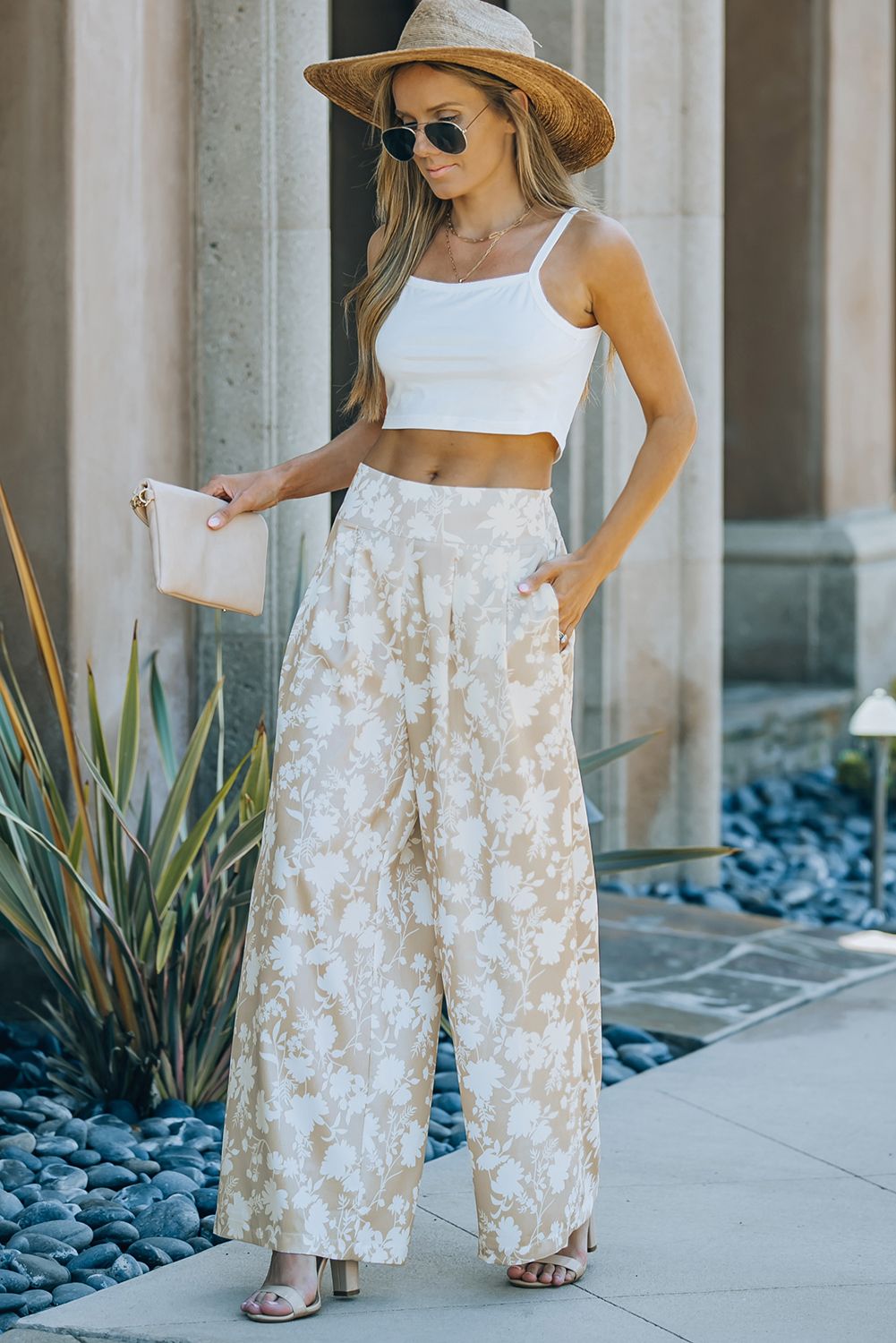 Apricot High Waisted Floral Wide Leg Pants