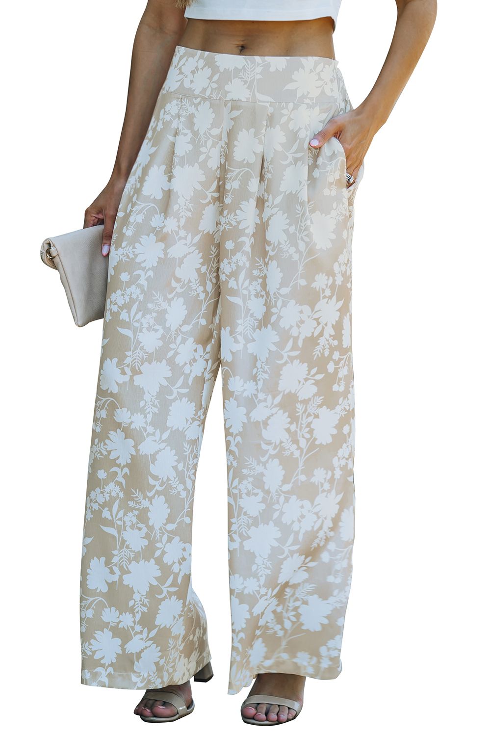Apricot High Waisted Floral Wide Leg Pants