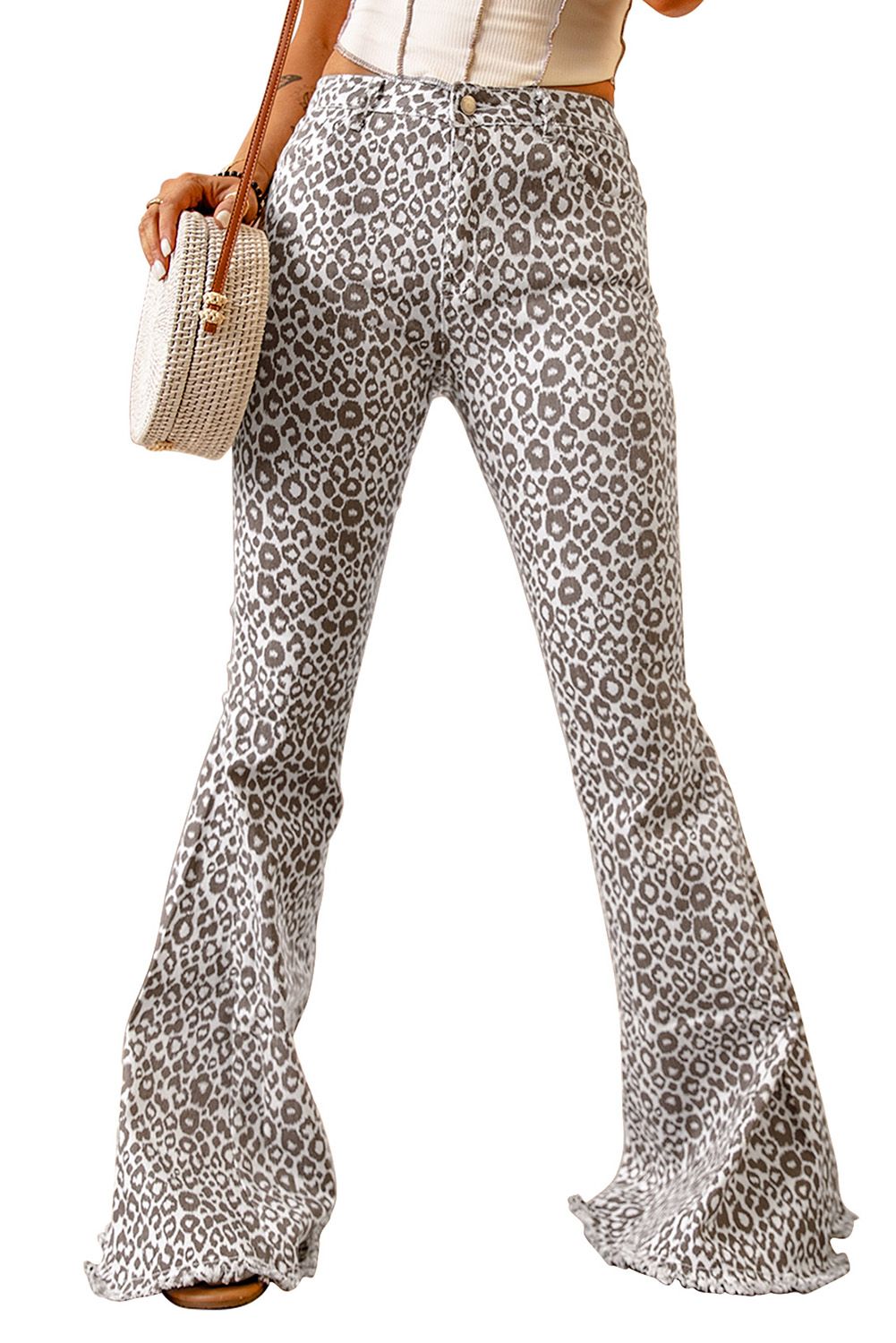 Leopard Print Raw Hem High Rise Flare Pants