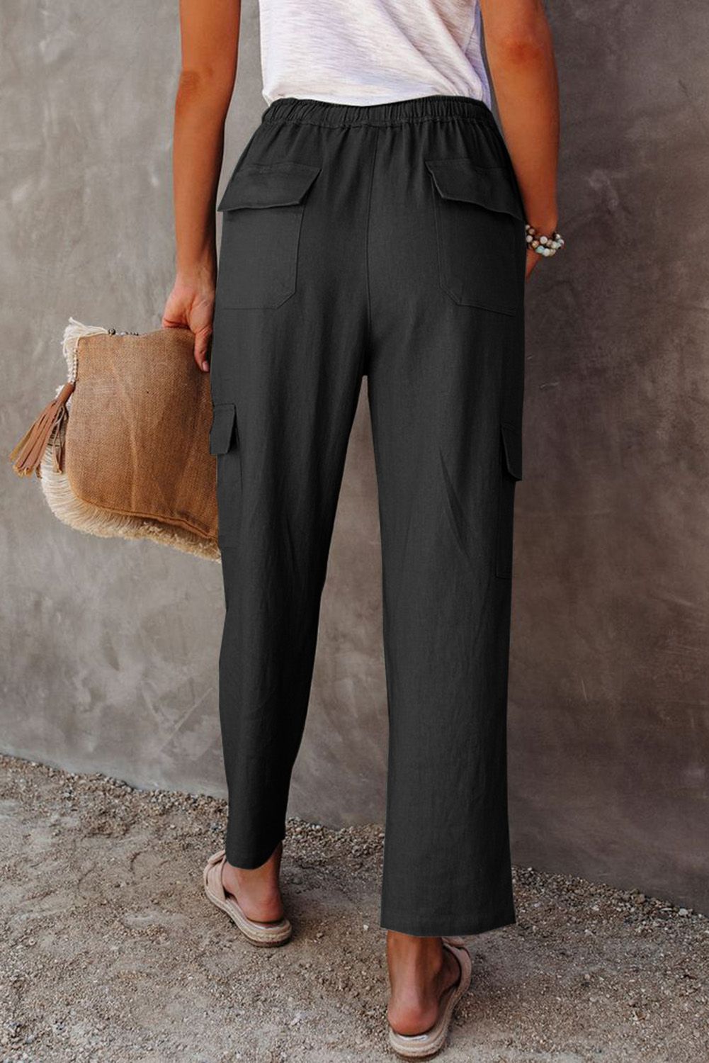 Black Driven Linen Blend Pocketed Cargo Pants