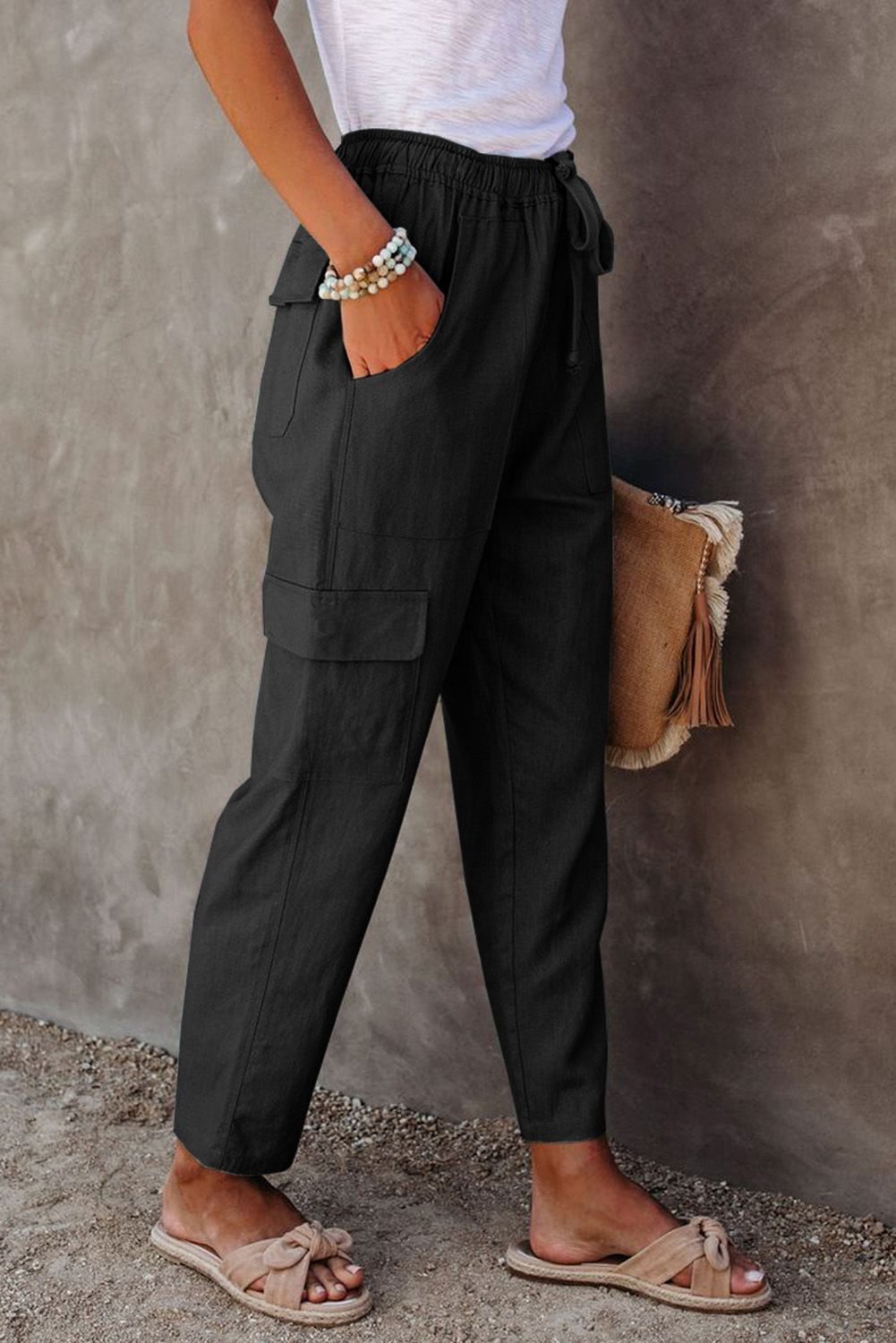 Black Driven Linen Blend Pocketed Cargo Pants