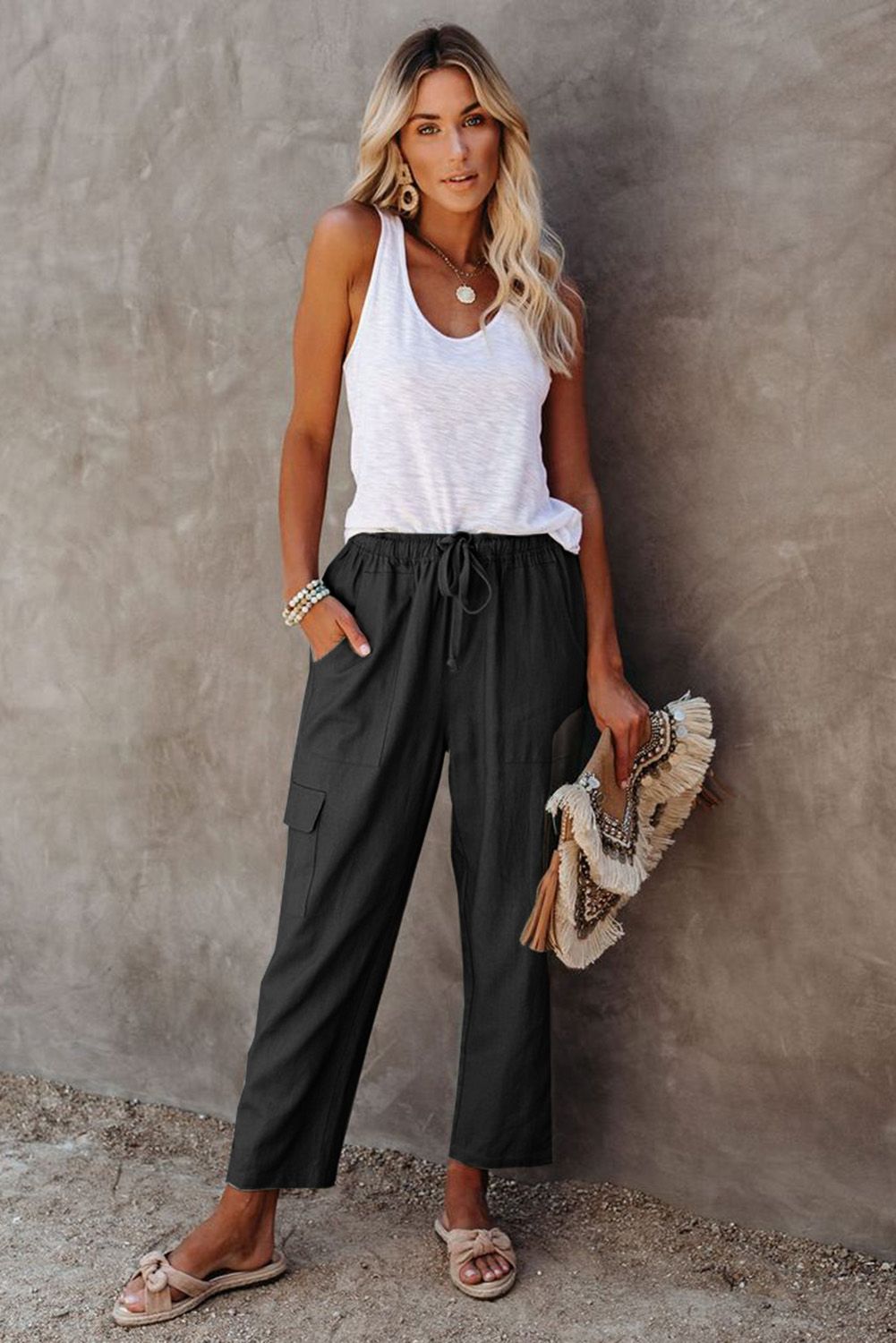 Black Driven Linen Blend Pocketed Cargo Pants