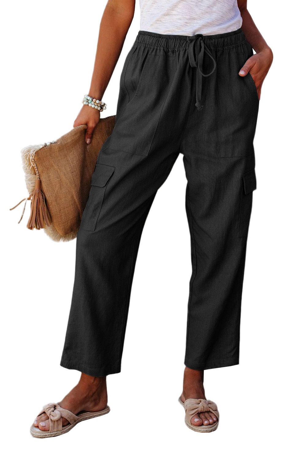 Black Driven Linen Blend Pocketed Cargo Pants