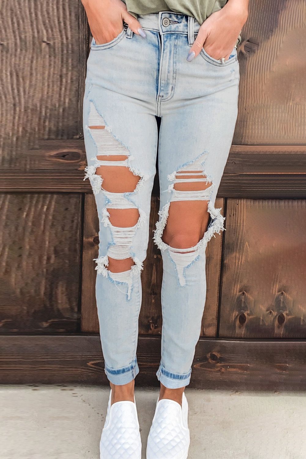 Vintage Washed Distressed Holes High Waist Jeans