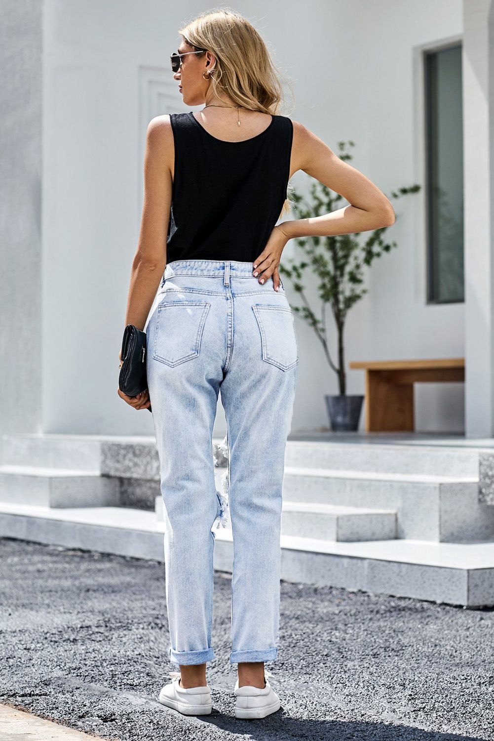 Vintage Washed Distressed Holes High Waist Jeans