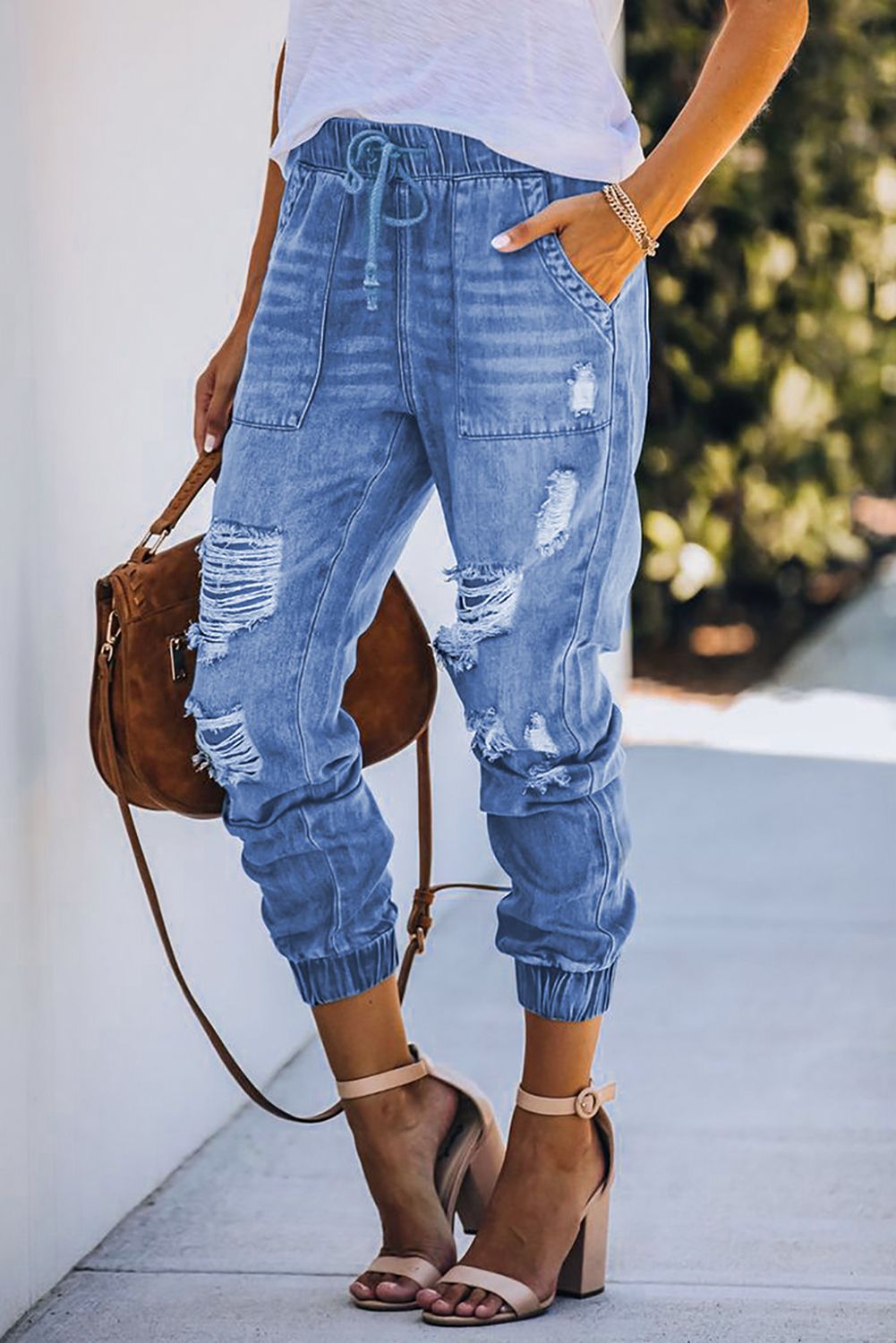Sky Blue Pocketed Distressed Denim Joggers