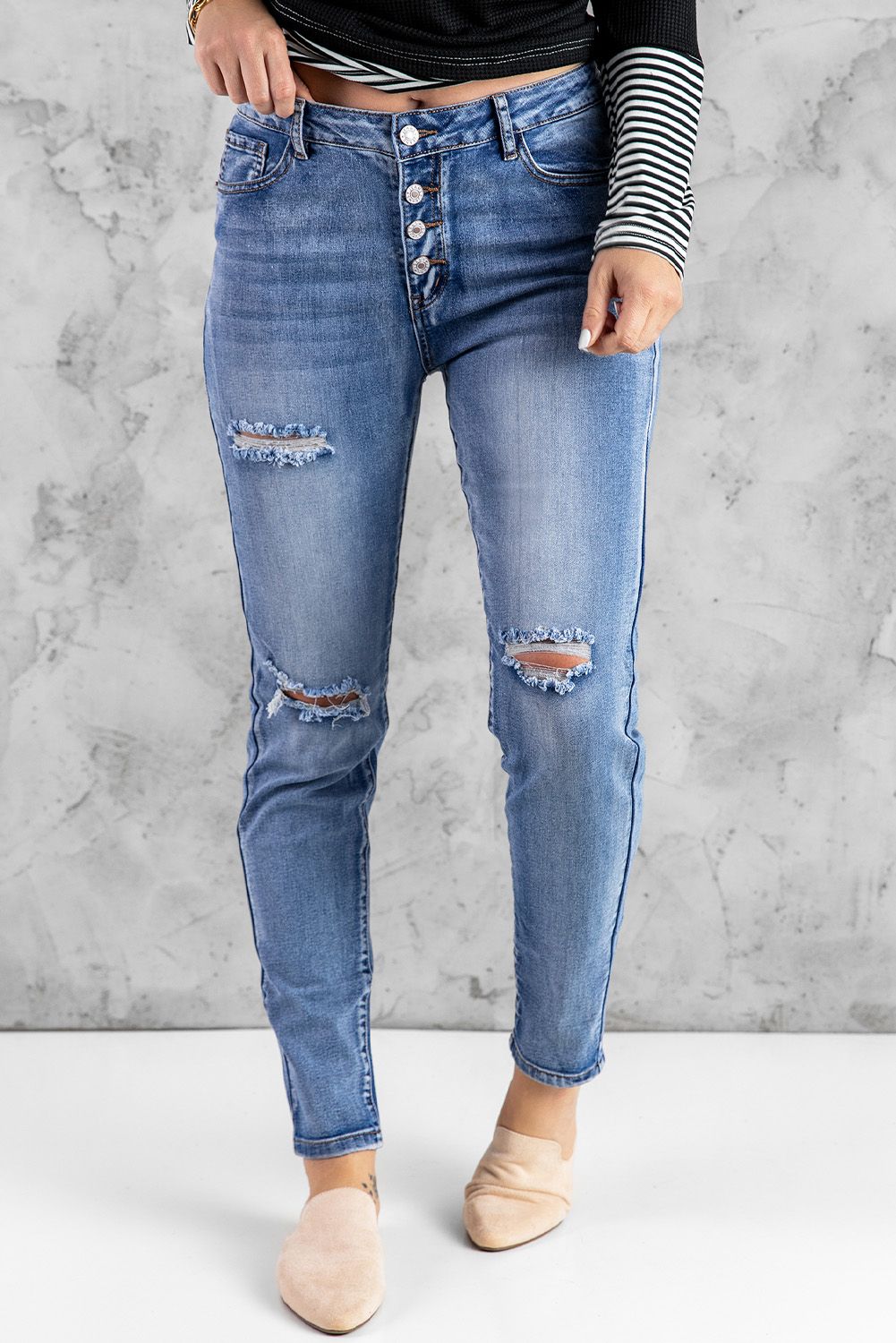 Blue Hollow Out Button-fly Distressed Jeans