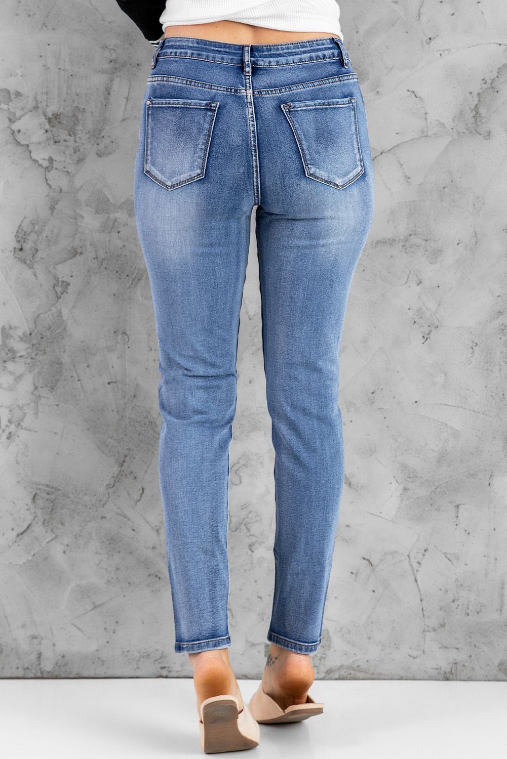 Blue Hollow Out Button-fly Distressed Jeans