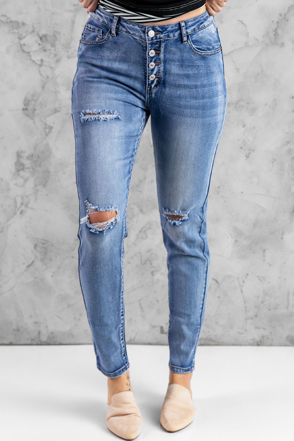 Blue Hollow Out Button-fly Distressed Jeans