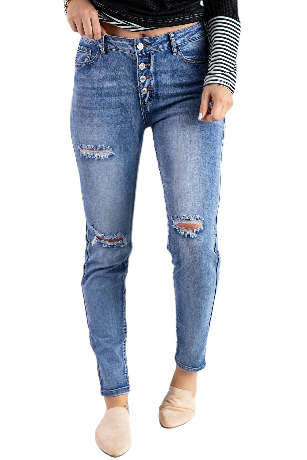 Blue Hollow Out Button-fly Distressed Jeans