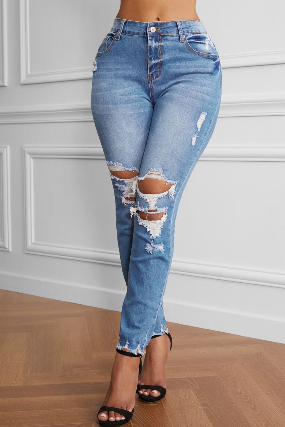 Raw Cut Frayed Hem Medium Wash Jeans