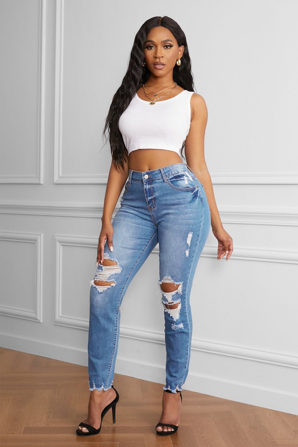 Raw Cut Frayed Hem Medium Wash Jeans