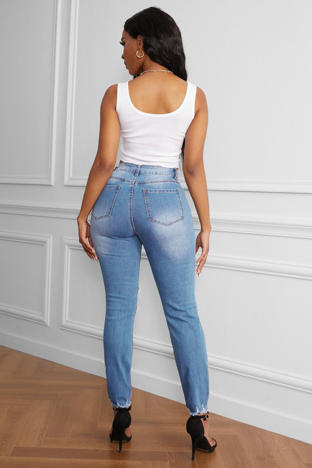 Raw Cut Frayed Hem Medium Wash Jeans