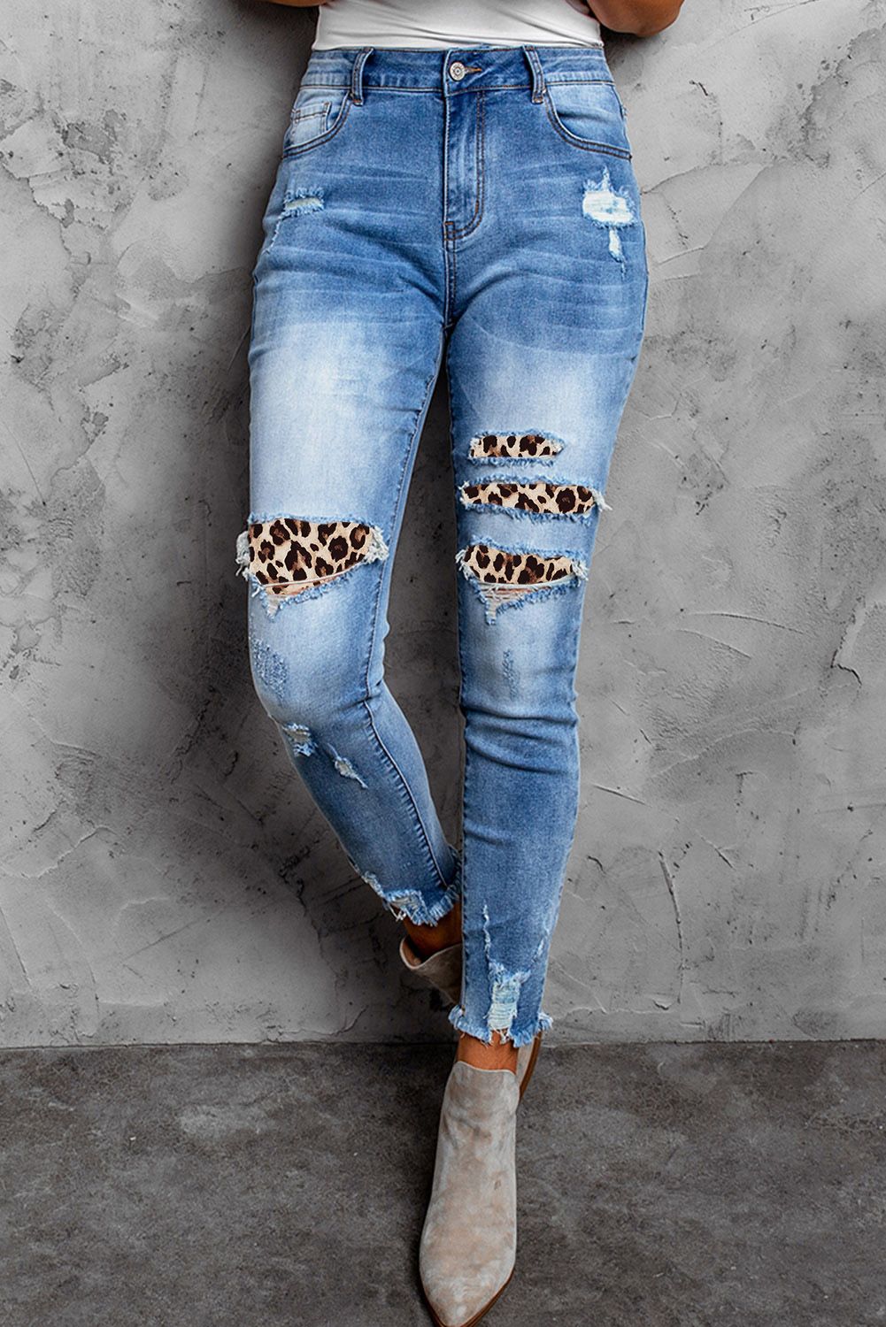 Leopard Patchwork Distressed Skinny Ankle High Waist Pants