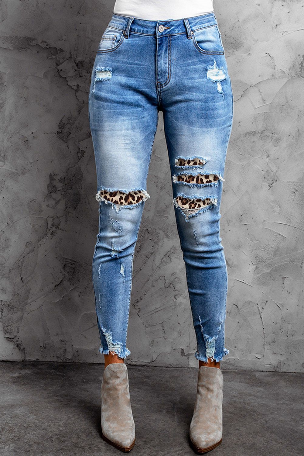 Leopard Patchwork Distressed Skinny Ankle High Waist Pants