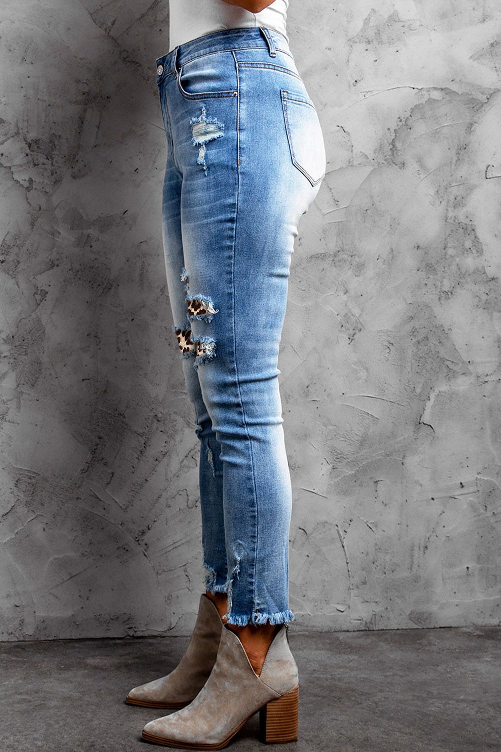 Leopard Patchwork Distressed Skinny Ankle High Waist Pants