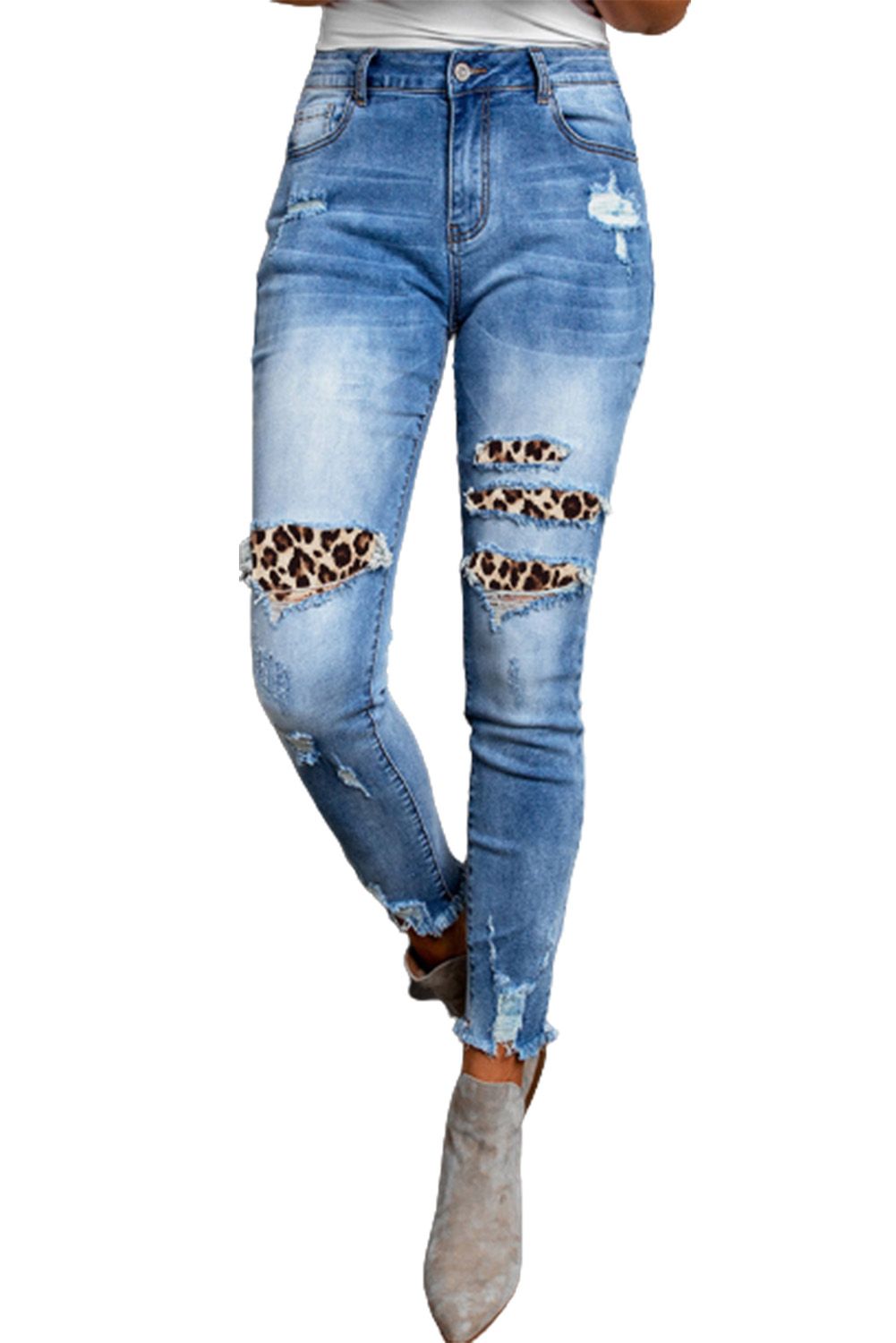 Leopard Patchwork Distressed Skinny Ankle High Waist Pants