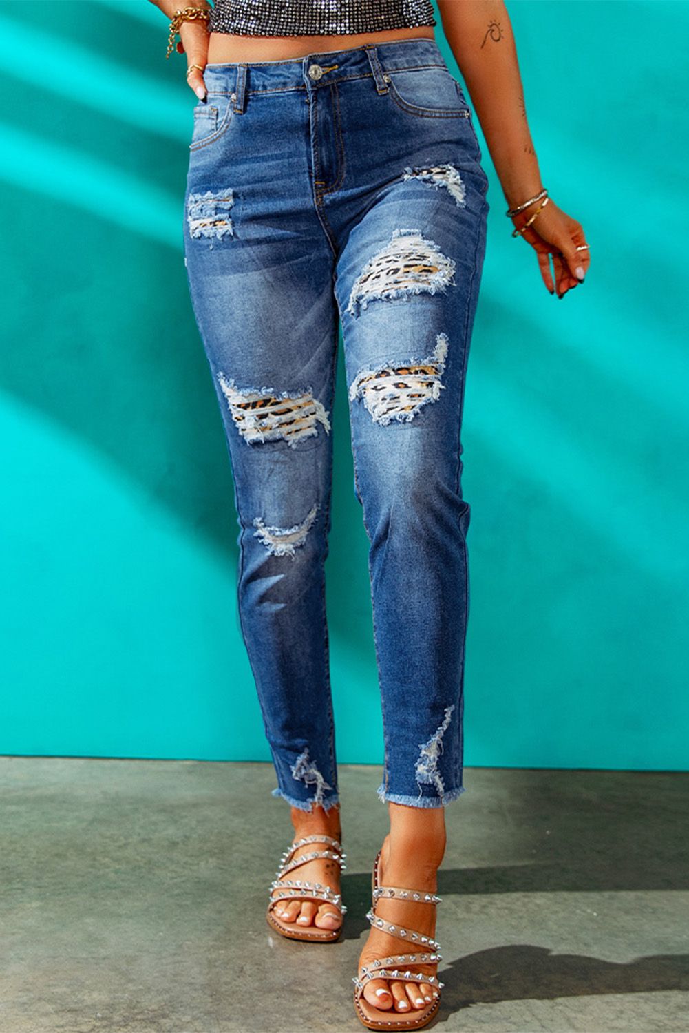 Dark Blue Washed Skinny Jeans with Distressed Leopard Print