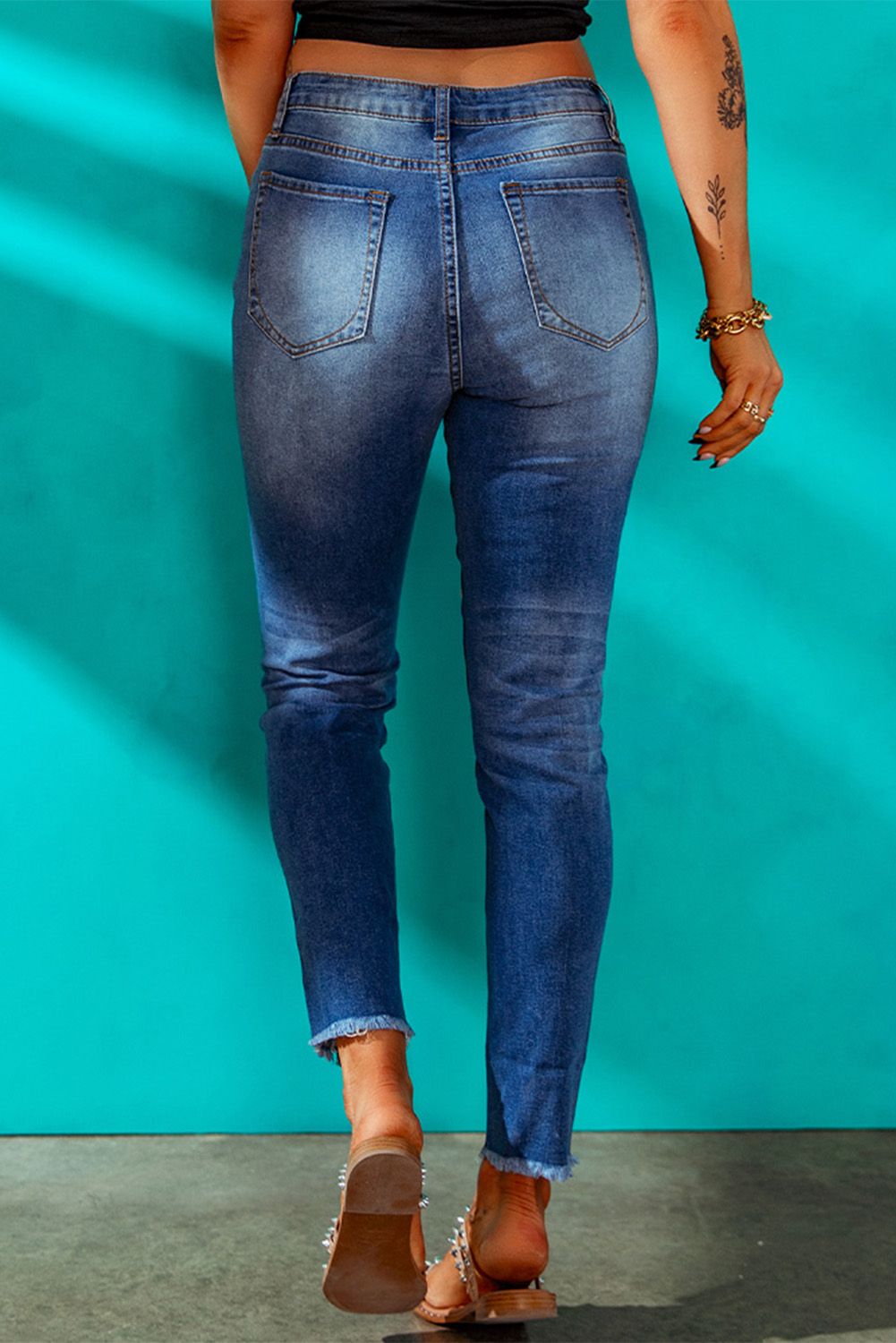 Dark Blue Washed Skinny Jeans with Distressed Leopard Print