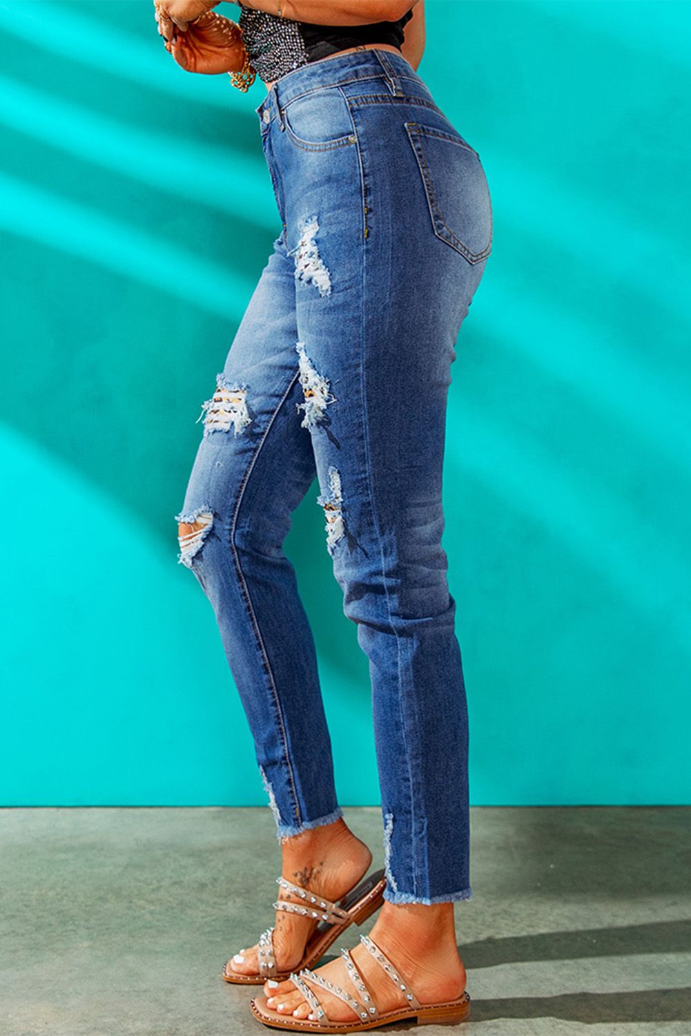 Dark Blue Washed Skinny Jeans with Distressed Leopard Print