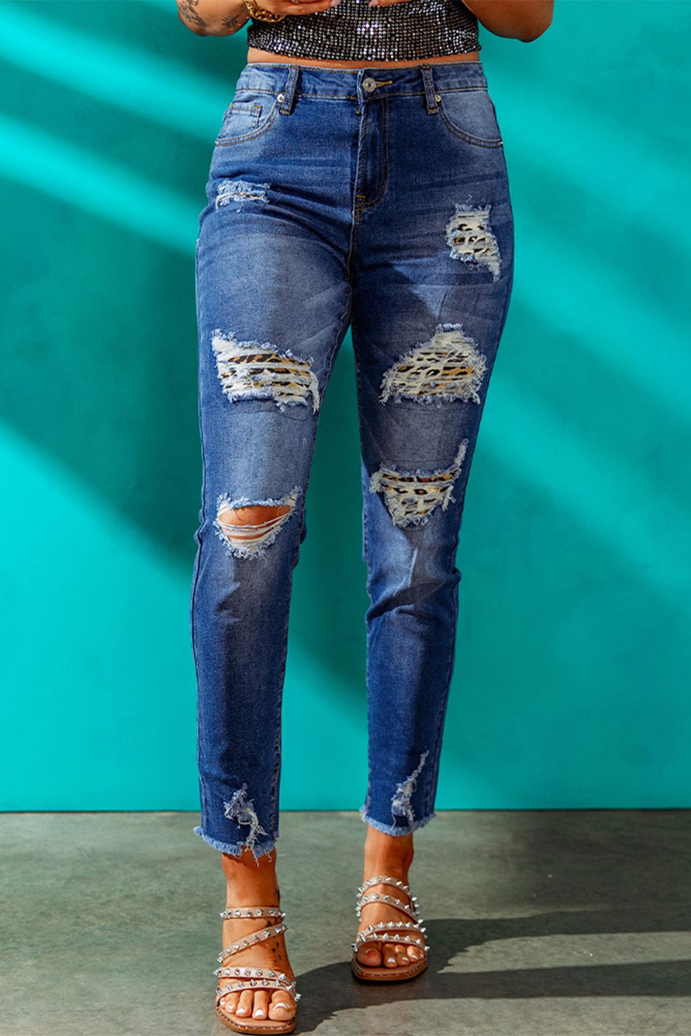 Dark Blue Washed Skinny Jeans with Distressed Leopard Print