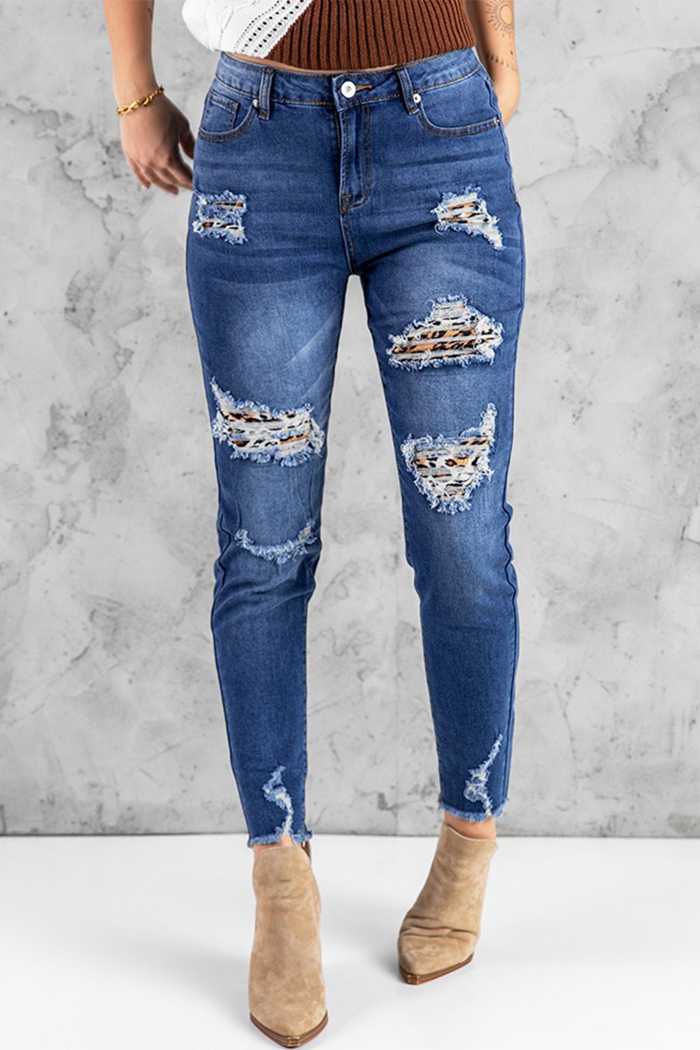 Dark Blue Washed Skinny Jeans with Distressed Leopard Print