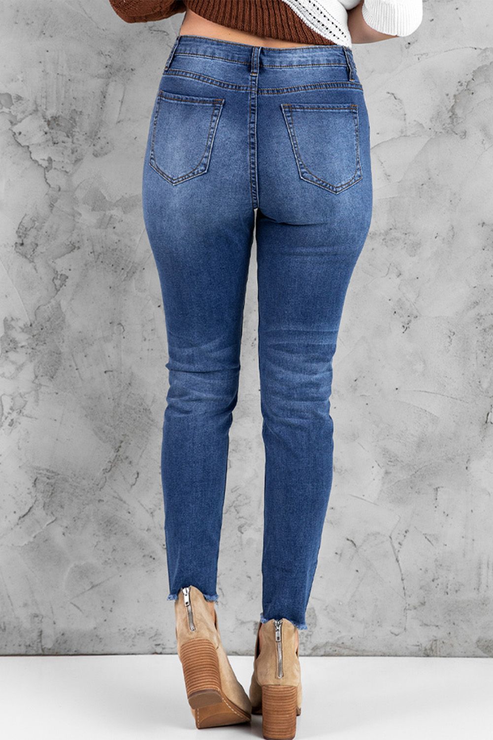 Dark Blue Washed Skinny Jeans with Distressed Leopard Print