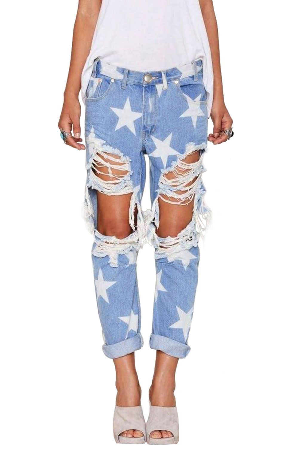 Star Pattern Ripped Boyfriend Jeans